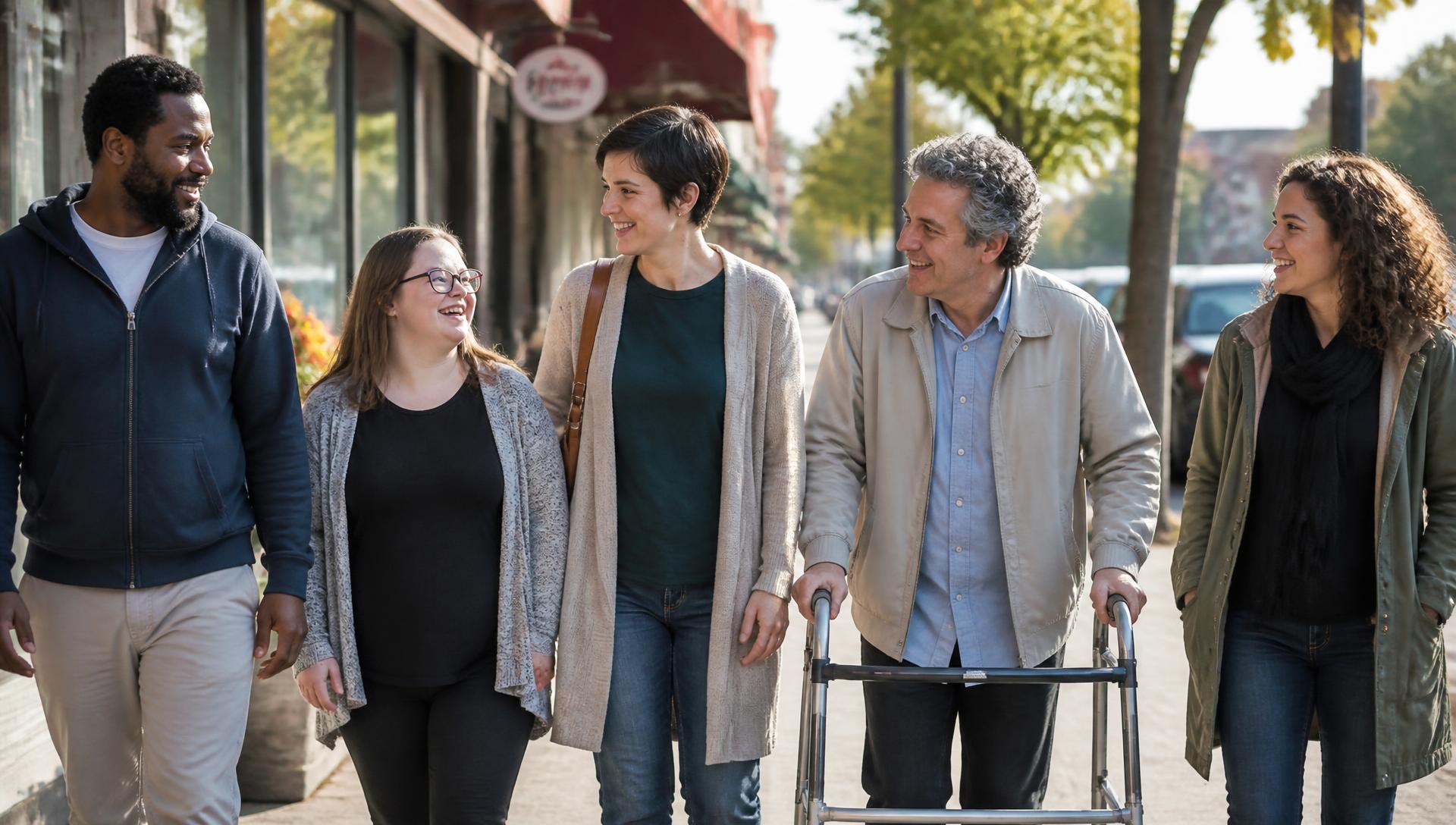 A group of adults, including people with disabilities, walking and talking together on a neighbourhood street