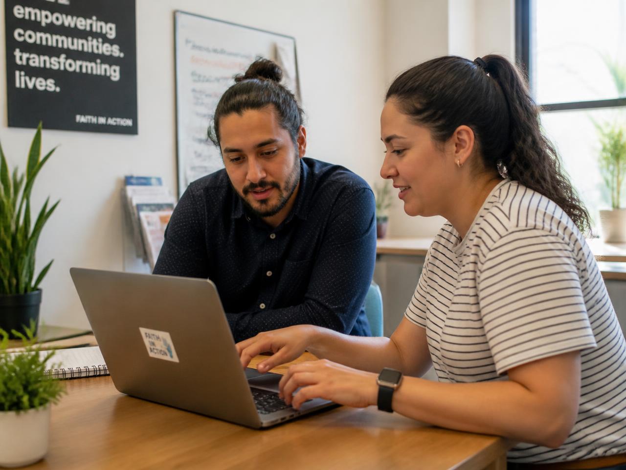 Two colleagues at a nonprofit reviewing staff training records together on a laptop